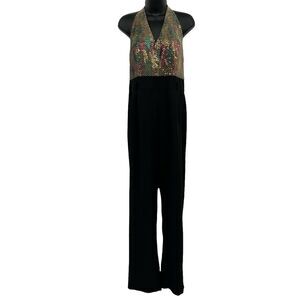 Vintage John Roberts 90s Women Sequin Halter Wide Leg Jumpsuit‎ Pantsuit Sz 14